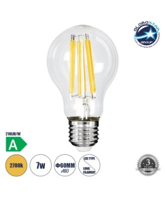GLOBOSTAR® GLOBE 99087 Λάμπα E27 A60 LED 7W 1470lm 360° AC 220-240V IP20 Θερμό Λευκό 2700K - Long Filament Chip - Διάφανο - Μ6 x Π6 x Υ11cm - 3 Χρόνια Εγγύηση